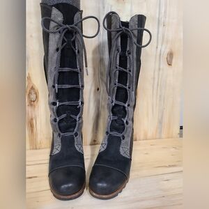 Elegant Lace-Up Black and Gray Women's Boots
